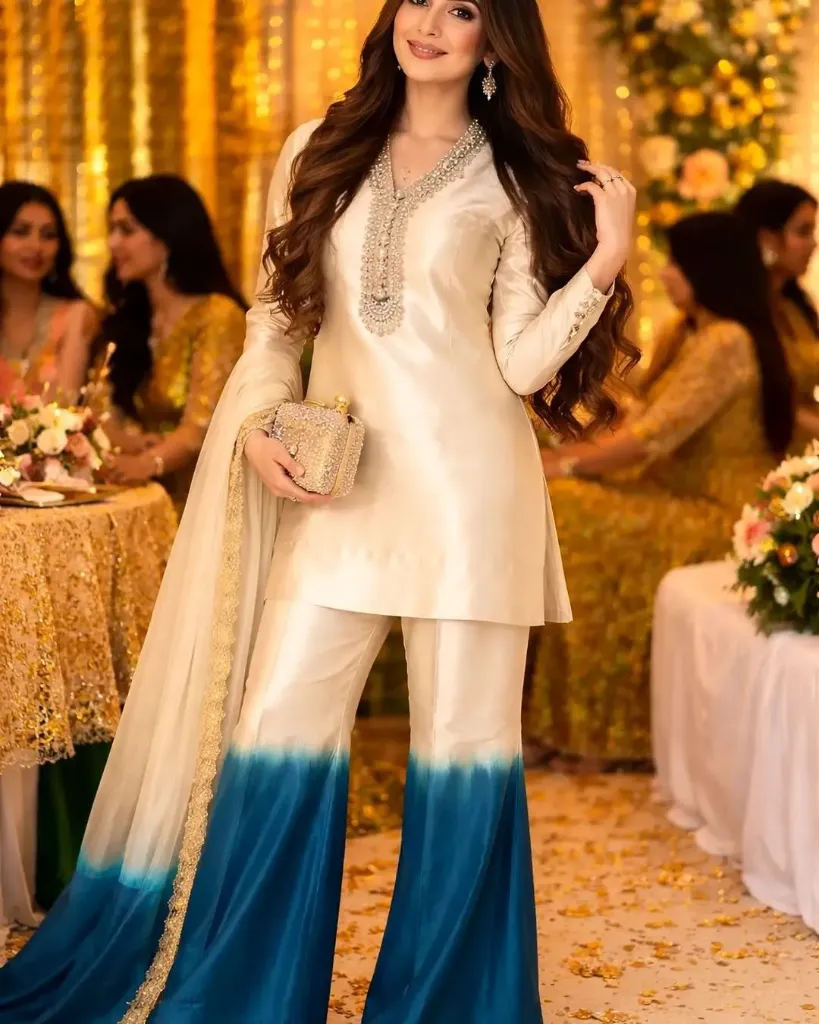 Pur Roman Glass With Embroidery Coding-Dori Work With Riyal Mirror Hand Work & Extra Button With Fancy Sleeves (M, White)
